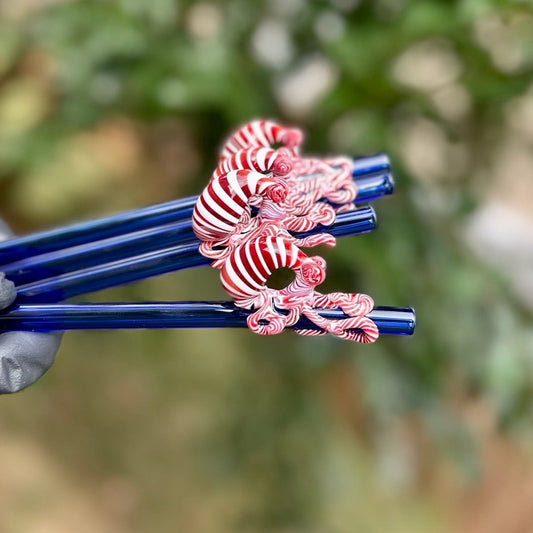 Red and white swirl octopus reusable glass straw