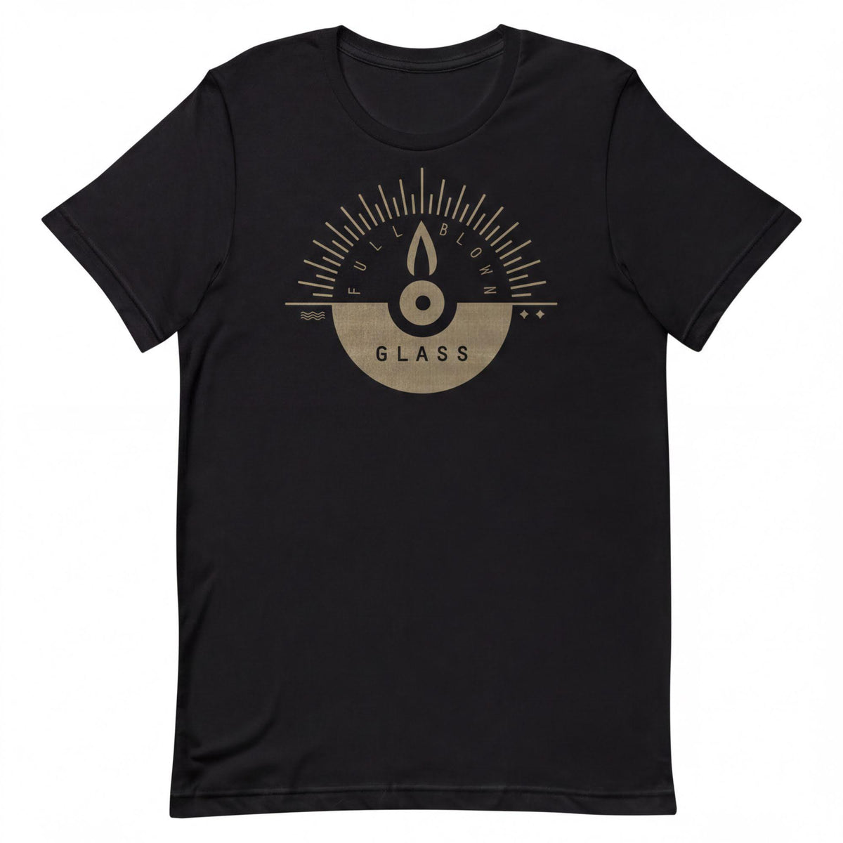 A black short-sleeve crewneck t-shirt featuring a circular graphic on the chest with a flame icon, the words 'FULL BLOWN' and 'GLASS', shown against a plain white background.