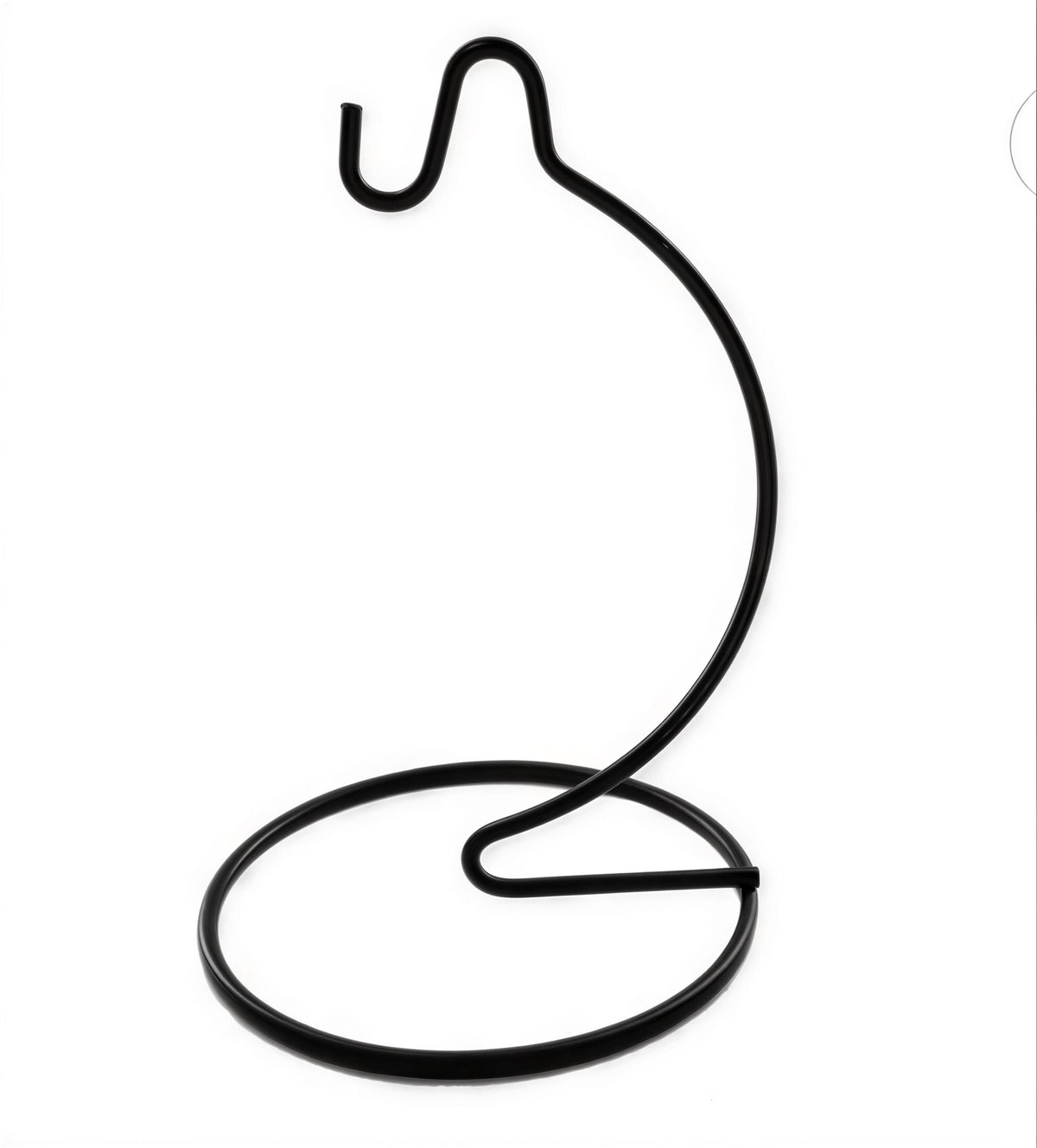 A black metal wire stand with a circular base and a curved, hook-like top arm, shown on a plain white background.