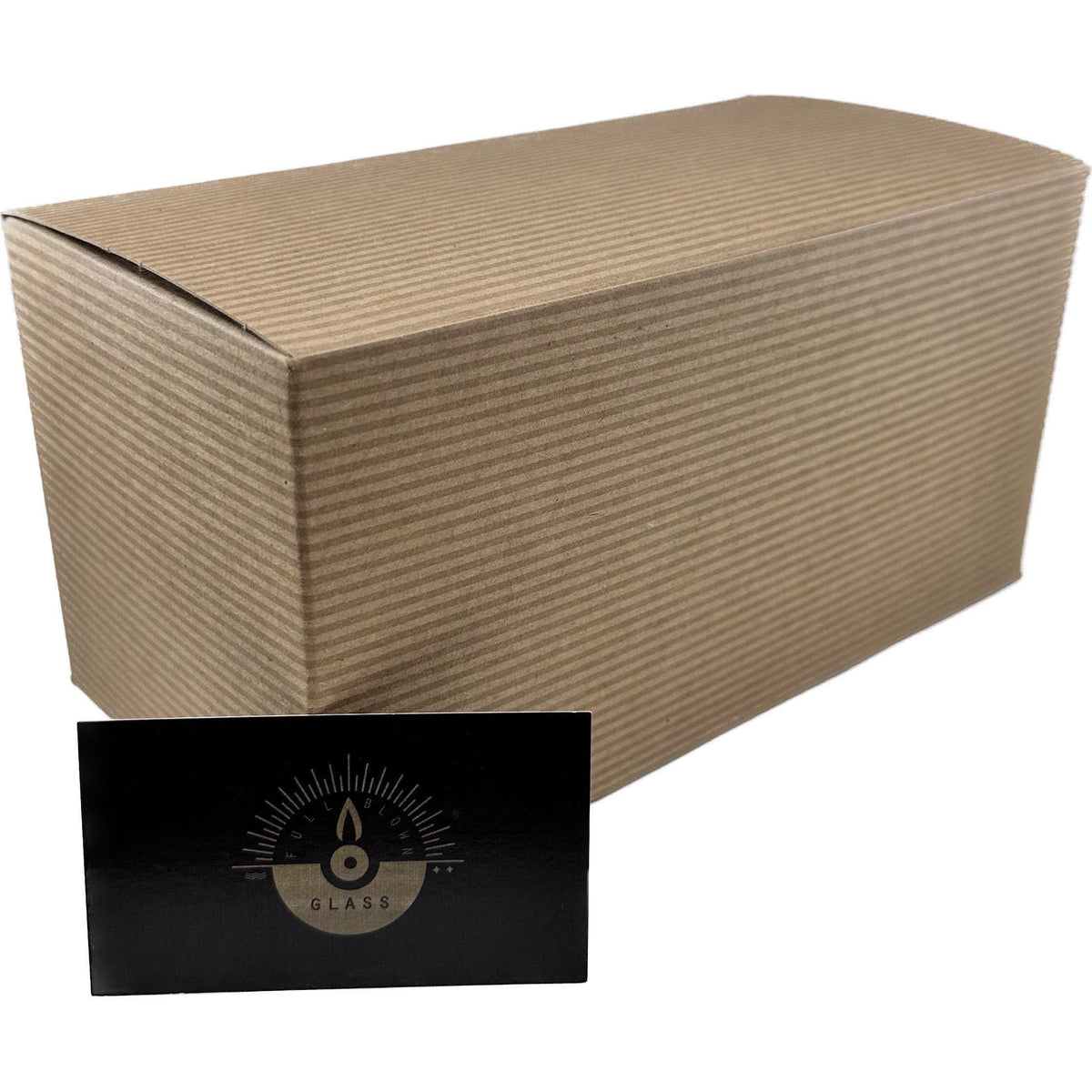 Brown cardboard box with a black label featuring a logo and text on a white background