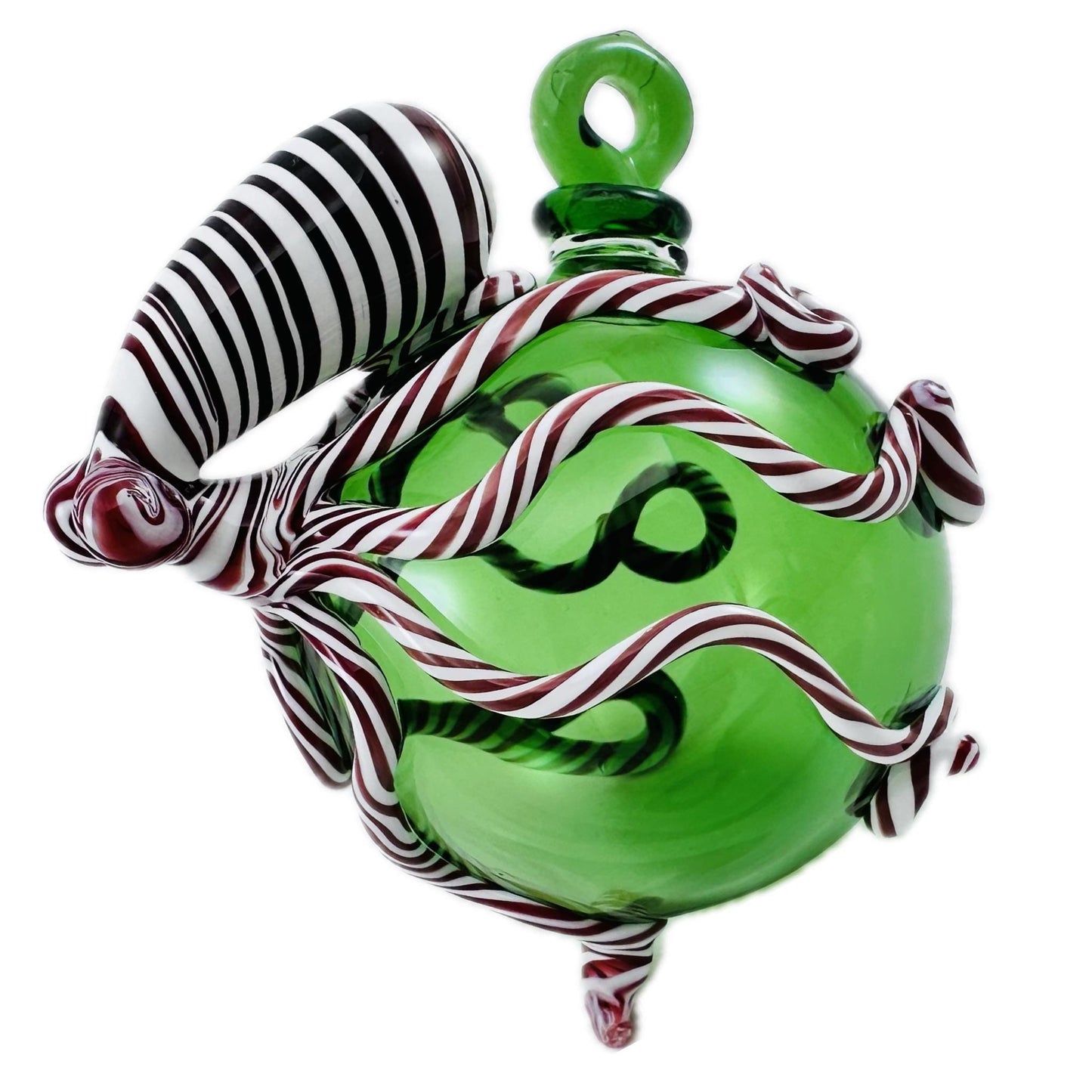 Decorative Christmas ornament with candy cane design on a white background